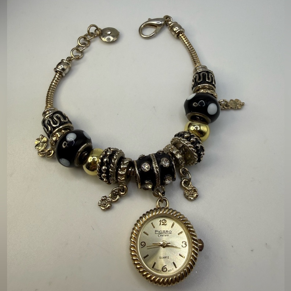 Figaro Couture Charm Bracelet Watch Gold Tone Beaded Quartz Needs Battery